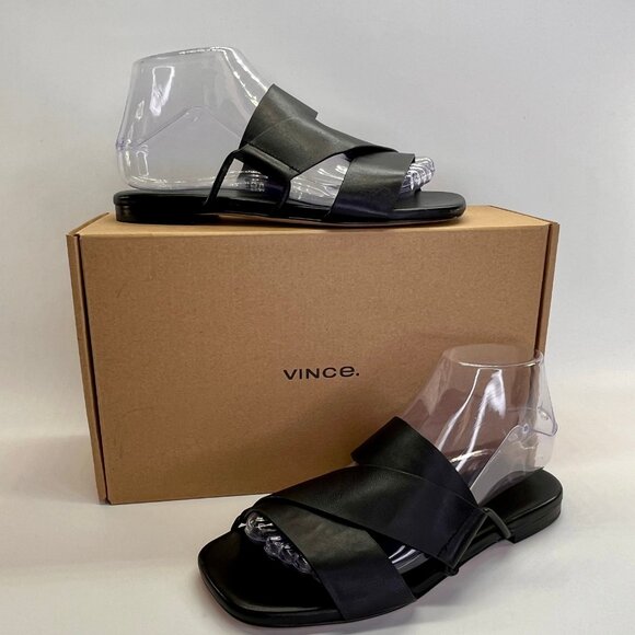 Vince Dylan Leather Flat Sandals Size 6.5M Black Asymmetrical Slide Shoes - Picture 1 of 16